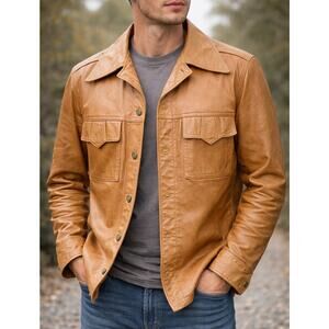 Vtg Leather Shirt Jacket Men M 36 Burnt Yellow Tan Hippy Mod Safari USA